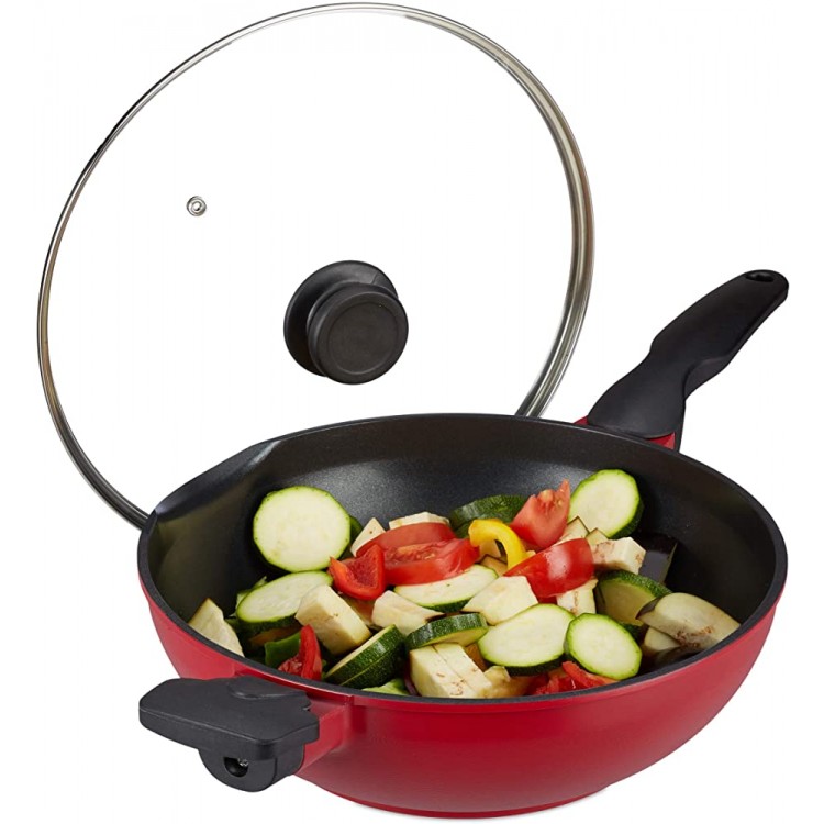 Relaxdays Poêle wok couvercle en verre 30 cm wok antiadhésif four à gaz électrique poignée 4 litres rouge noir. - B09152QH5ZT