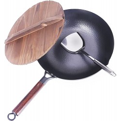 Wok en acier au carbone de 12,6 pouces Woks et poêles avec poignée en bois et couvercle et spatule pour cuisinières électriques à induction et à gaz - B09SCMF9XYE