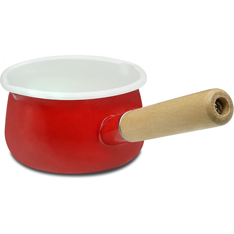 Panque de sauce émaillée avec double verser la poule de lait en émail de beurre d'émail avec poignée en bois Pot pratique rouge - B091GCN1J4M
