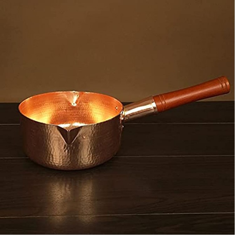 Petit pot à lait en cuivre pur avec poignée en bois Poêle à œufs au plat gaz martelé - B09C7TG1318