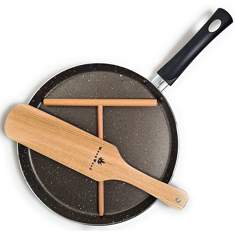 Poêle à crêpes avec revêtement anti-adhésif sans PFOA Idéale pour crêpes omelelettes œufs crêpes Passe au lave-vaisselle Plat de 26 cm Avec étaleur de crêpe en bois et spatule - B08SCPGL74X