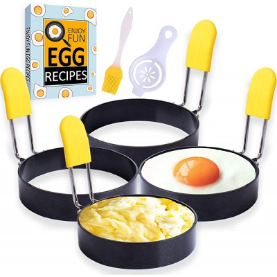 Cdycam Lot de 4 anneaux à œufs antiadhésifs avec brosse en silicone et poignées pliables pour œufs au plat et pochés mini crêpes omelettes et puddings Noir - B08GF7MRLDC