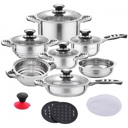 Groppp Cookware Set Stainless Steel 16-Piece Cooking Pot&Pan Set Induction Include Saucepan,Casserole,Salad Bowl,Steaming Insert - B09V2VQVYBD