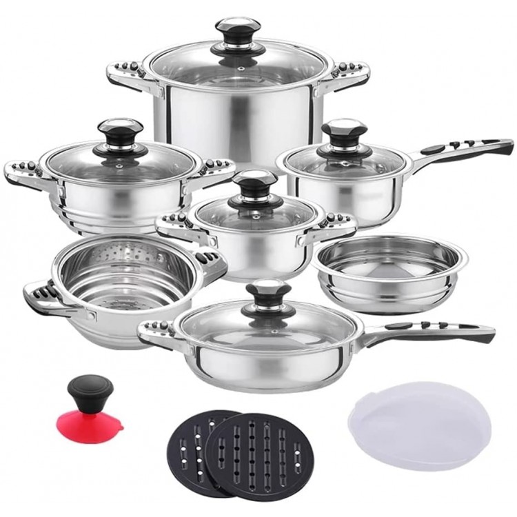 Groppp Cookware Set Stainless Steel 16-Piece Cooking Pot&Pan Set Induction Include Saucepan,Casserole,Salad Bowl,Steaming Insert - B09V2VQVYBD